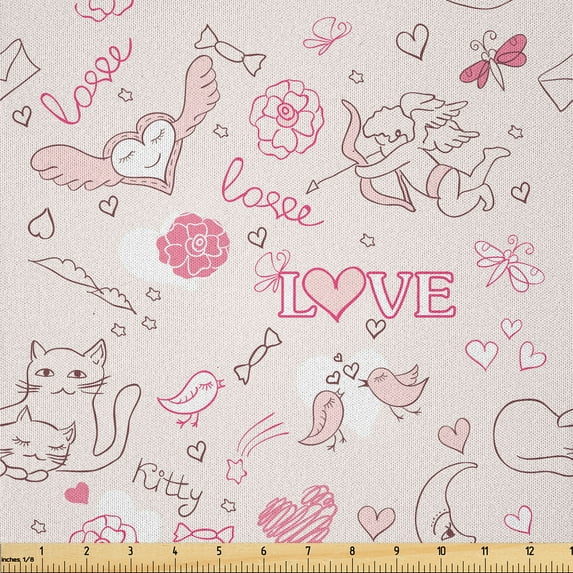 Ambesonne Love Fabric by the Yard Microfiber, Kissing Birds Eros Cats, 3 Yards, Pale Coral Pink Brown