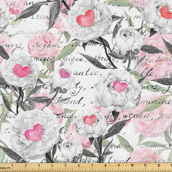 Ambesonne Love Fabric by the Yard Upholstery, Peonies Hearts Romantic Art, 3 Yards, Soft Pink and Pastel Green