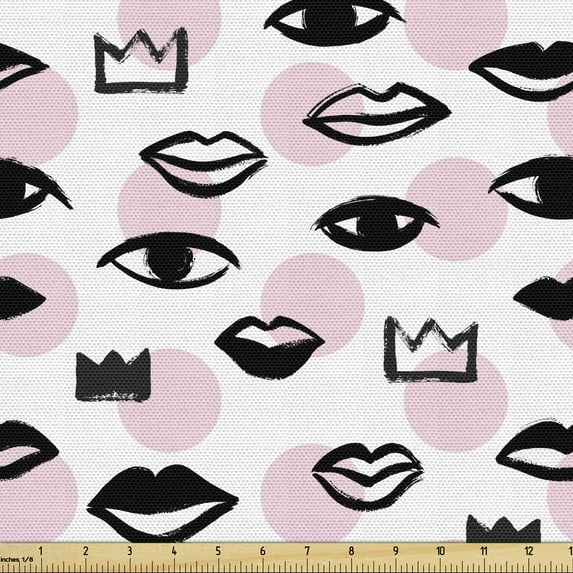 Ambesonne Love Fabric by the Yard Upholstery, Brush Drawn Like Eyes Lips, 1 Yard, Rose Charcoal Grey