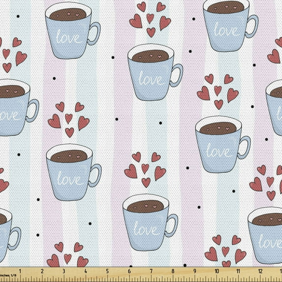 Ambesonne Love Fabric by the Yard Upholstery, Coffee Cups Hearts and Stripes, 1 Yard, Multicolor