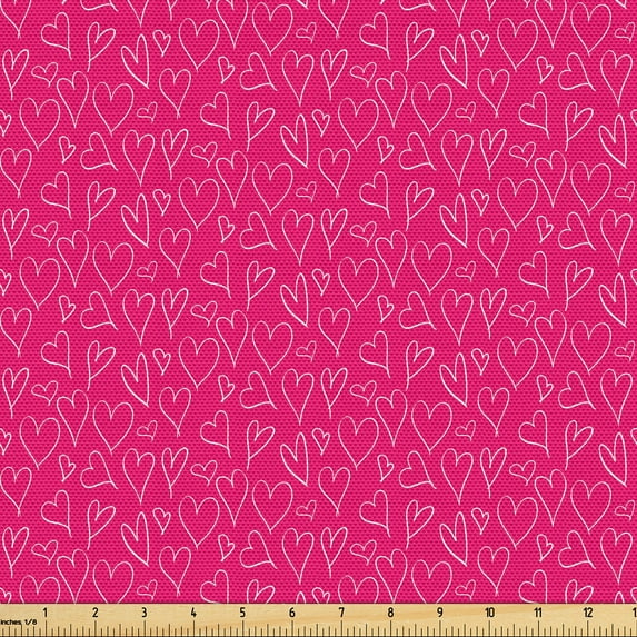 Ambesonne Love Fabric by the Yard Upholstery, Linear Heart Sketch Art Print, 5 Yards, Magenta White