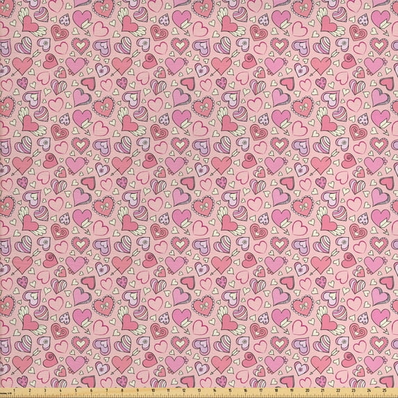 Ambesonne Love Fabric by the Yard Upholstery, Romantic Doodle Heart, 10 Yards, Coral Pink Pale Yellow