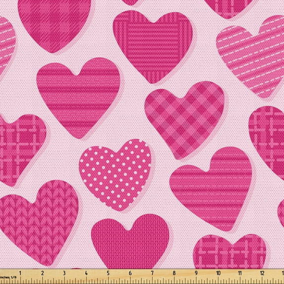 Ambesonne Love Fabric by the Yard Upholstery, Striped Dotted Hearts Pattern, 1 Yard, Magenta Pink and Blush
