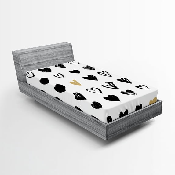 Ambesonne Love Fitted Sheet 2 Pcs Set, Small Heart Hipster, Twin, Tan Black White