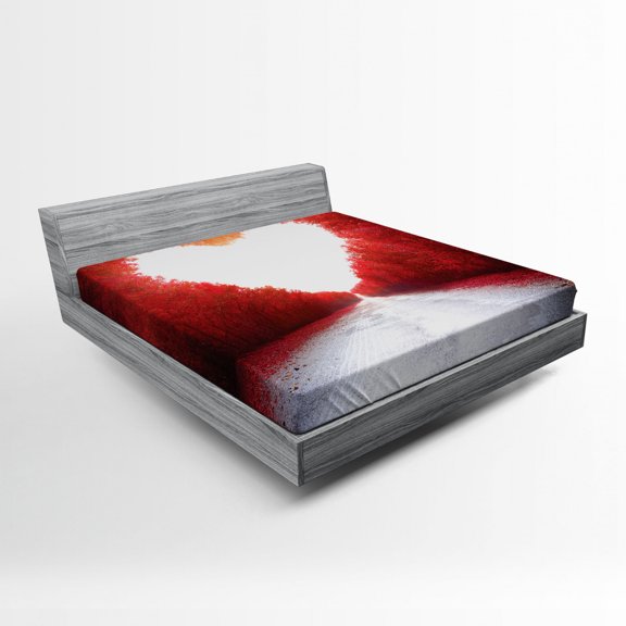 Ambesonne Love Fitted Sheet, Autumn Trees Landscape, Queen Size, Red White