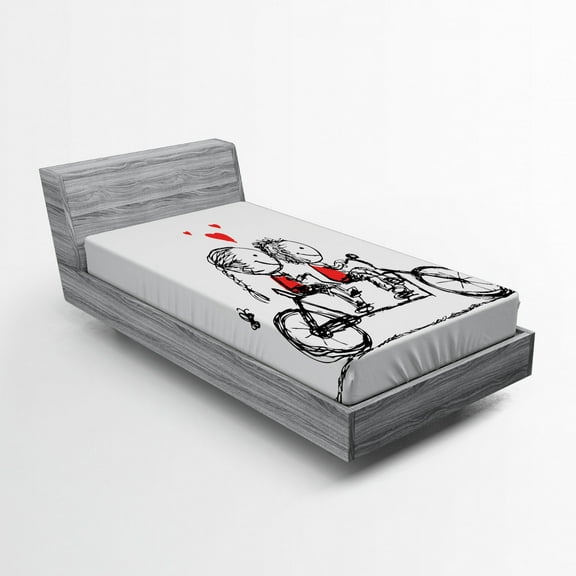 Ambesonne Love Fitted Sheet, Couple Cycling Together, Twin Size, Black White Scarlet