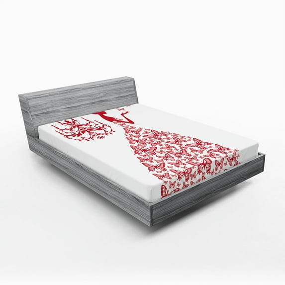 Ambesonne Love Fitted Sheet, Monochrome Butterfly Cartoon, Queen Size, Red and White