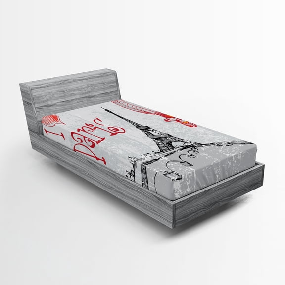 Ambesonne Love Fitted Sheet, Paris Hot Air Balloon, Twin XL Size, Red Black Grey