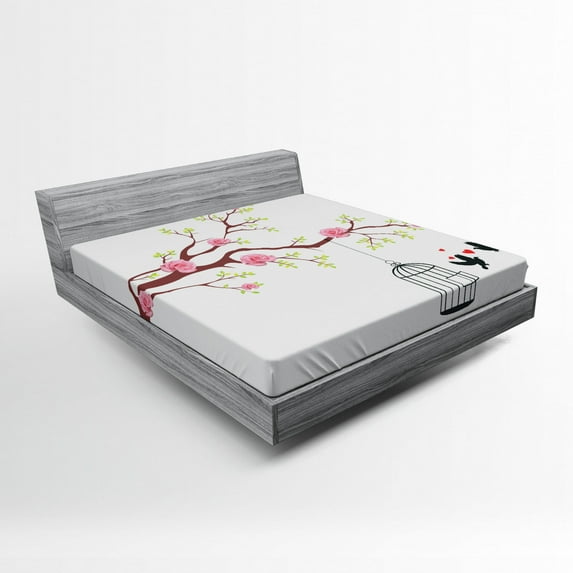 Ambesonne Love Fitted Sheet, Roses Blossoms Birds, Queen Size, Pink Brown White