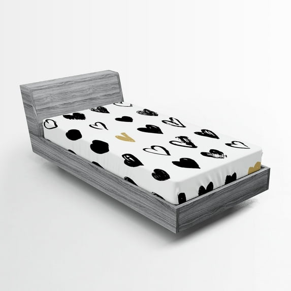 Ambesonne Love Fitted Sheet, Small Heart Hipster, Twin XL Size, Tan Black White