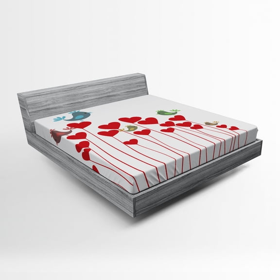 Ambesonne Love Fitted Sheet, Spring Hearts Birds Art, Queen Size, Cadet Blue Mauve