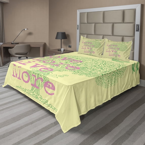 Ambesonne Love Fitted & Top Sheet Set with Shams, Positive World Wishes, Green Soft Pink Yellow