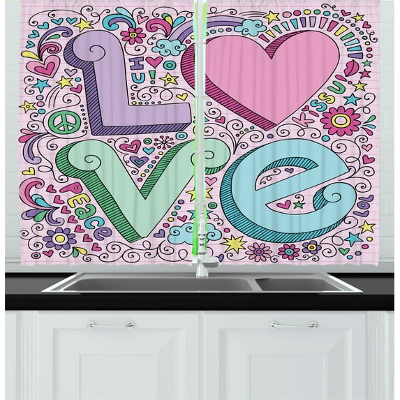 Ambesonne Love Kitchen Curtains, 3D Lettering Groovy, 55"x39", Multicolor