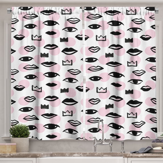 Ambesonne Love Kitchen Curtains, Brush Drawn Like Eyes Lips, 55"x45", Rose Charcoal Grey