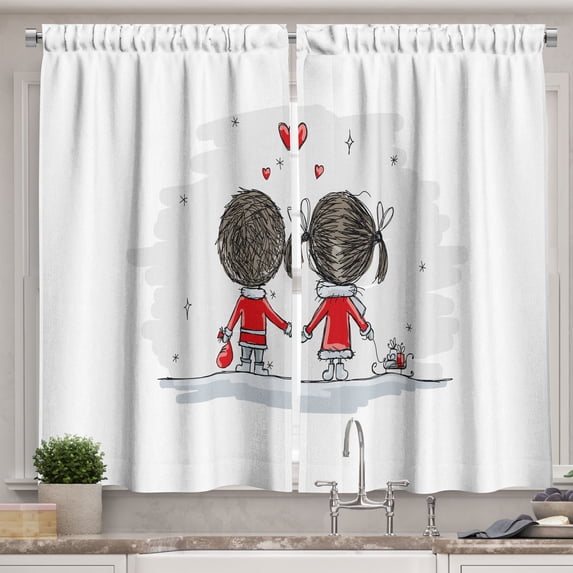 Ambesonne Love Kitchen Curtains, Couple Cartoon Art Style, 55"x39", Scarlet Cocoa Grey