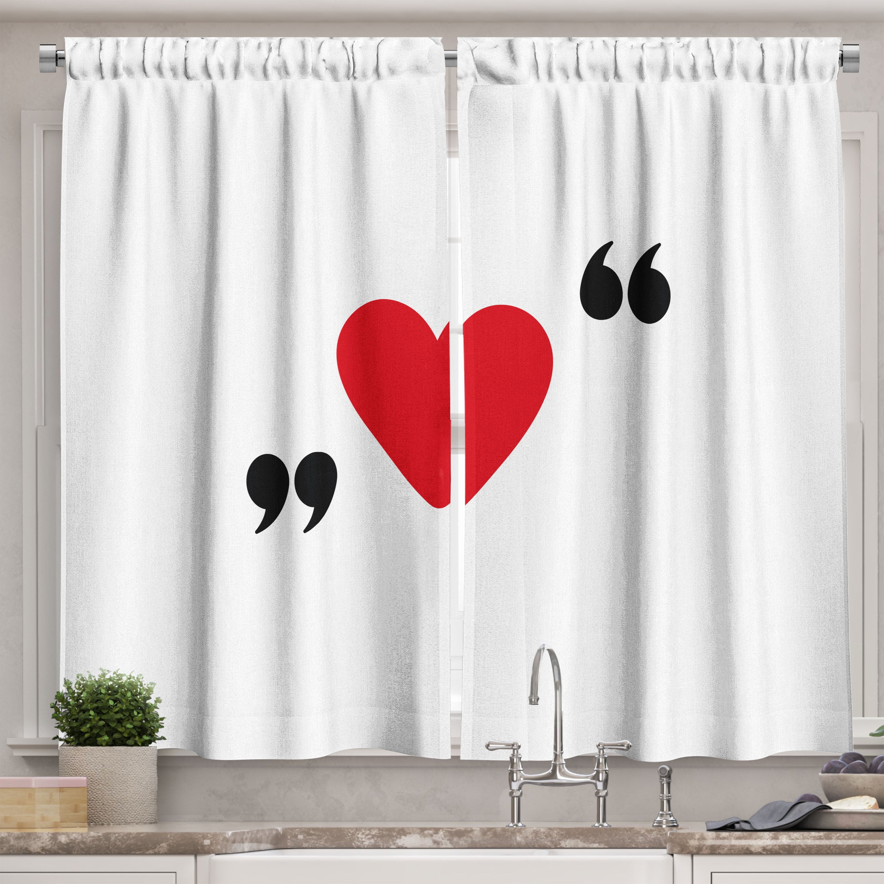 Ambesonne Love Kitchen Curtains, Red Simple Heart, 55"x39", Red Black