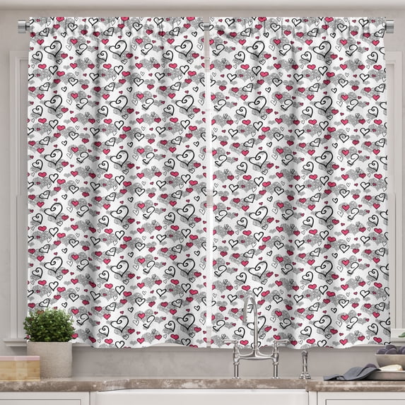 Ambesonne Love Kitchen Curtains, Valentine's Day Hearts, 55"x39", Grey White Hot Pink