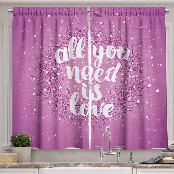 Ambesonne Love Kitchen Curtains, Valentines Floral Words, 55"x39", Fuchsia White