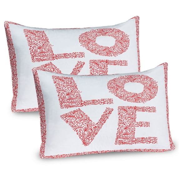 Ambesonne Love Pillow Sham 2 Pack, Floral Valentines Day, 30"x20", Vermilion White