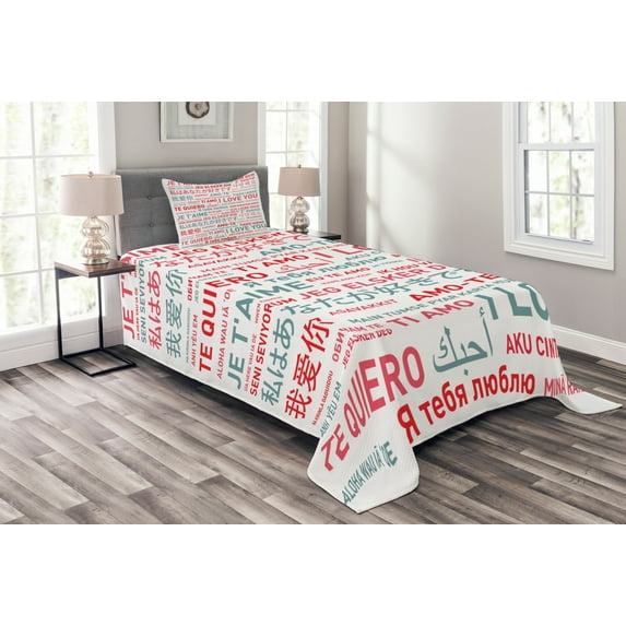 Ambesonne Love Quilted Bedspread Set 2 Pcs, Emotional Messages Art, Twin Size, White Grey Red