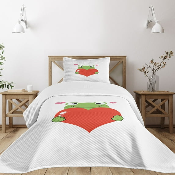 Ambesonne Love Quilted Bedspread Set 2 Pcs, Funny Cartoon Frog, Twin Size, Lime Green Vermilion