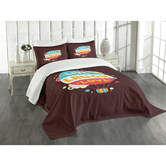 Ambesonne Love Quilted Bedspread Set 3 Pcs, Air Balloon Cheerful Retro, Queen Size, Multicolor