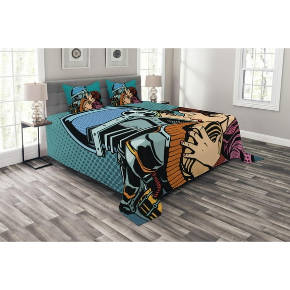 Ambesonne Love Quilted Bedspread Set 3 Pcs, Astroauts Wife Retro, Queen Size, Petrol Blue and Brown
