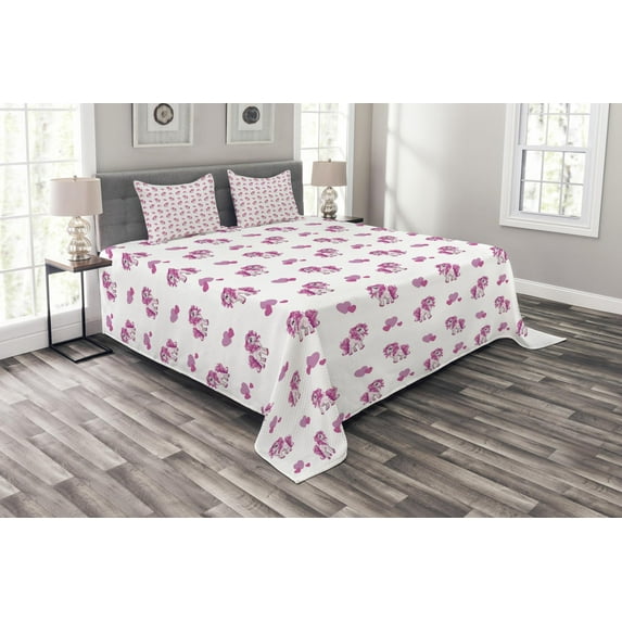 Ambesonne Love Quilted Bedspread Set 3 Pcs, Blushy Hearts Pony Pattern, Queen Size, Hot Pink White