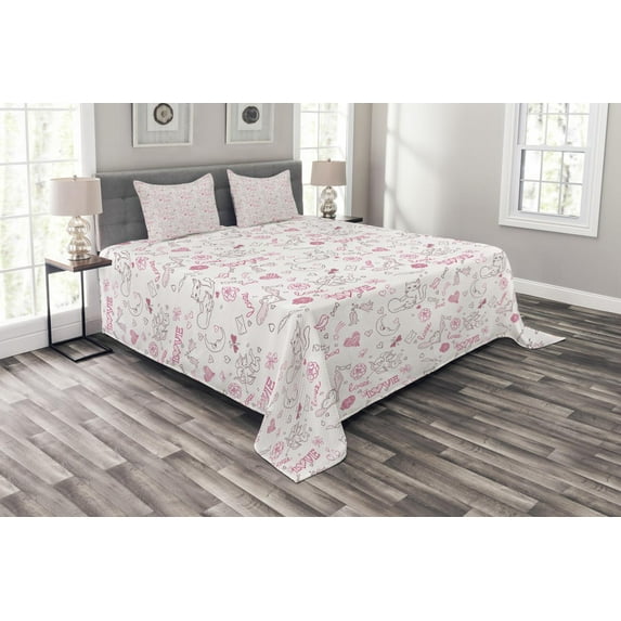 Ambesonne Love Quilted Bedspread Set 3 Pcs, Kissing Birds Eros Cats, Queen Size, Pale Coral Pink Brown