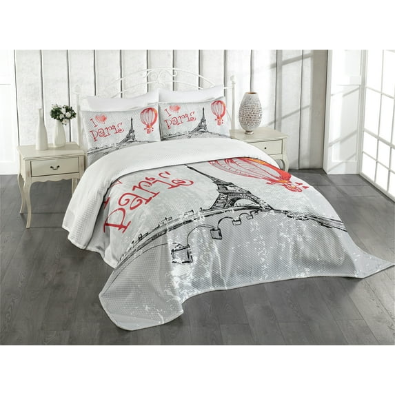 Ambesonne Love Quilted Bedspread Set 3 Pcs, Paris Hot Air Balloon, Queen Size, Red Black Grey