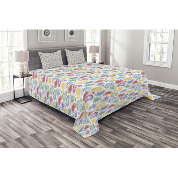 Ambesonne Love Quilted Bedspread Set 3 Pcs, Patchwork Style Hearts, Queen Size, Multicolor