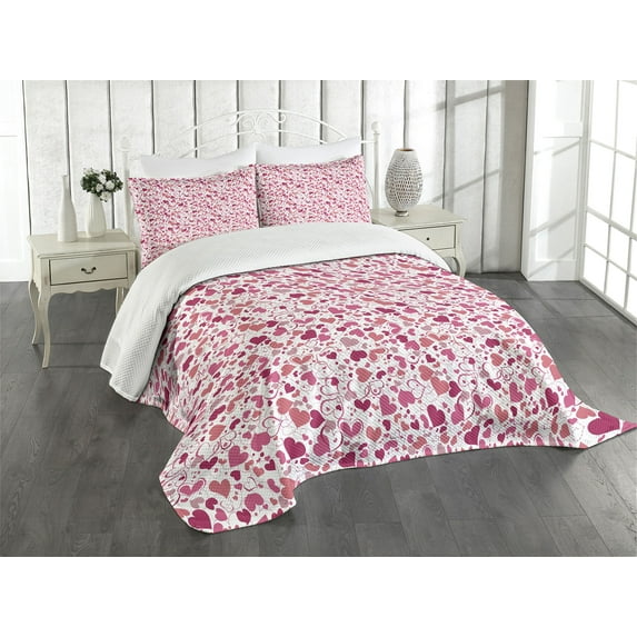 Ambesonne Love Quilted Bedspread Set 3 Pcs, Pinkish Curls Soft Hearts, Queen Size, Multicolor