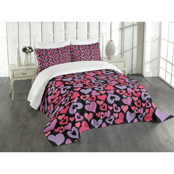 Ambesonne Love Quilted Bedspread Set 3 Pcs, Pinkish Hearts Valentines, Queen Size, Multicolor
