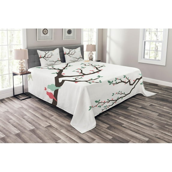 Ambesonne Love Quilted Bedspread Set 3 Pcs, Retro Birds on Tree Branch, King Size, Green Pink Brown