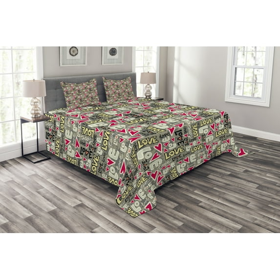 Ambesonne Love Quilted Bedspread Set 3 Pcs, Retro Color Graffiti Texts, King Size, Multicolor
