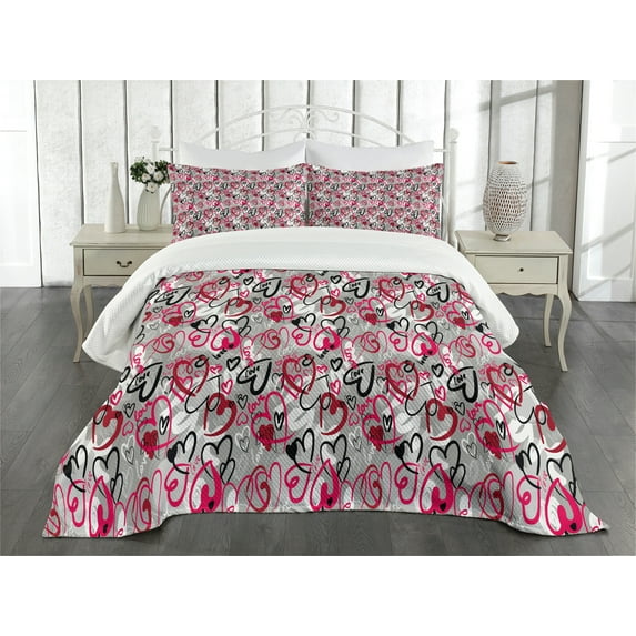 Ambesonne Love Quilted Bedspread Set 3 Pcs, Romantic Random Hearts, King Size, Multicolor