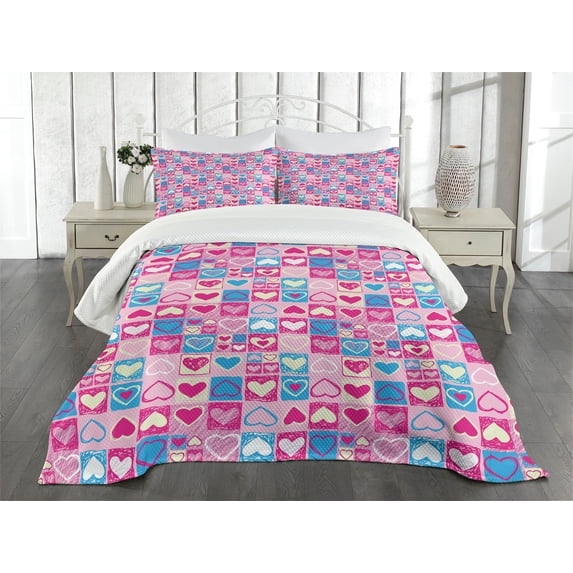Ambesonne Love Quilted Bedspread Set 3 Pcs, Sketchy Hearts, Queen Size, Pink Blue Cream