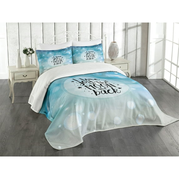 Ambesonne Love Quilted Bedspread Set 3 Pcs, Stars Typography Dreamy, King Size, Turquoise Beige Black