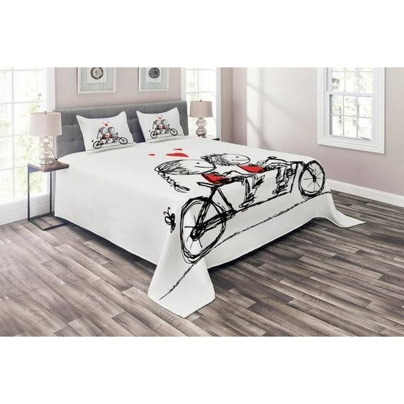 Ambesonne Love Quilted Coverlet 3 Pcs, Couple Cycling Together, King Size, Black White Scarlet