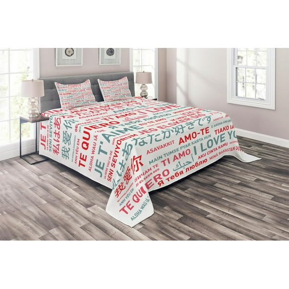 Ambesonne Love Quilted Coverlet 3 Pcs, Emotional Messages Art, Queen Size, White Grey Red