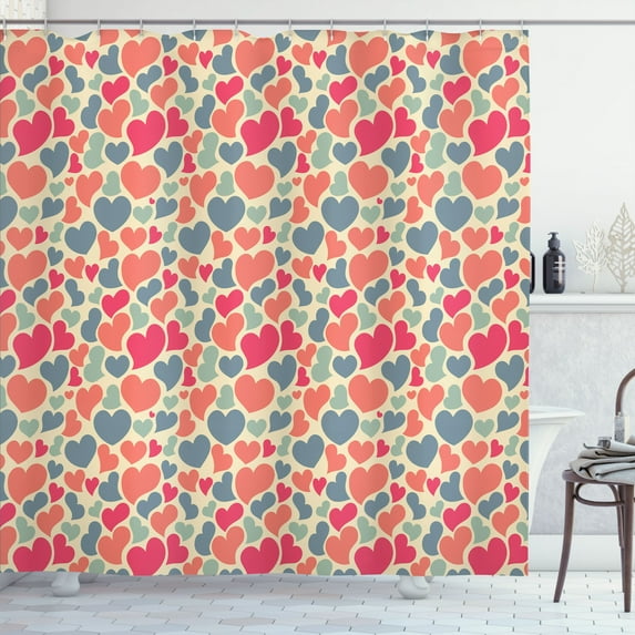 Ambesonne Love Shower Curtain, Colorful Hearts Motifs Art, 69"Wx84"L, Champagne Coral