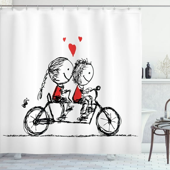 Ambesonne Love Shower Curtain, Couple Cycling Together, 69"Wx84"L, Black White Scarlet