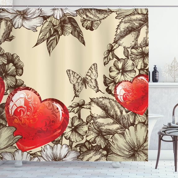 Ambesonne Love Shower Curtain, Flowers and Butterfly, 69"Wx84"L, Beige Brown Red