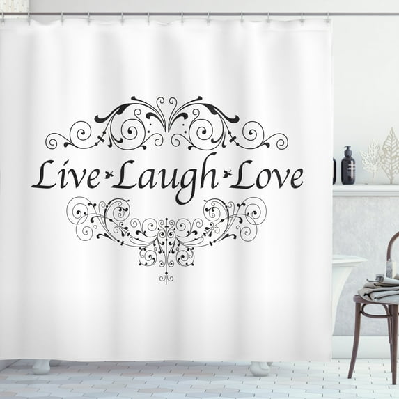 Ambesonne Love Shower Curtain, Live Laugh Love Curlicue Art, 69"Wx70"L, White Dark Grey
