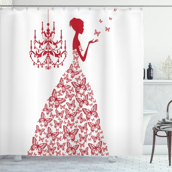 Ambesonne Love Shower Curtain, Monochrome Butterfly Cartoon, 69"Wx84"L, Red and White
