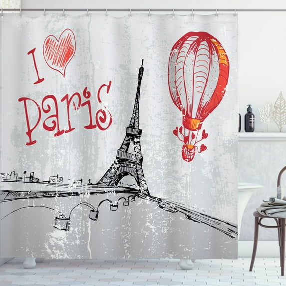 Ambesonne Love Shower Curtain, Paris Hot Air Balloon, 69"Wx75"L, Red Black Grey