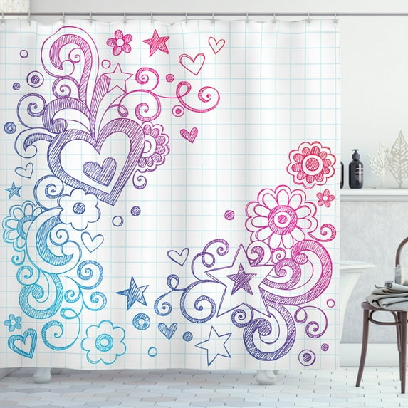 Ambesonne Love Shower Curtain, Valentines Day Swirls, 69"Wx75"L, Pink Purple Blue
