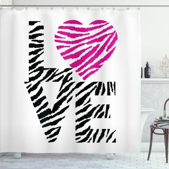Ambesonne Love Shower Curtain, Zebra Motifs of Lettering Art, 69"Wx75"L, White Hot Pink and Black