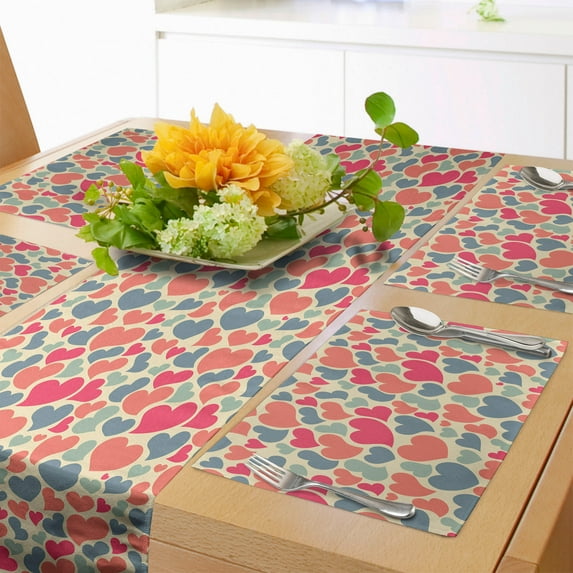 Ambesonne Love Table Runner & Placemats, Colorful Hearts Motifs Art, Placemat 4 pcs + Runner 12"x72", Champagne Coral