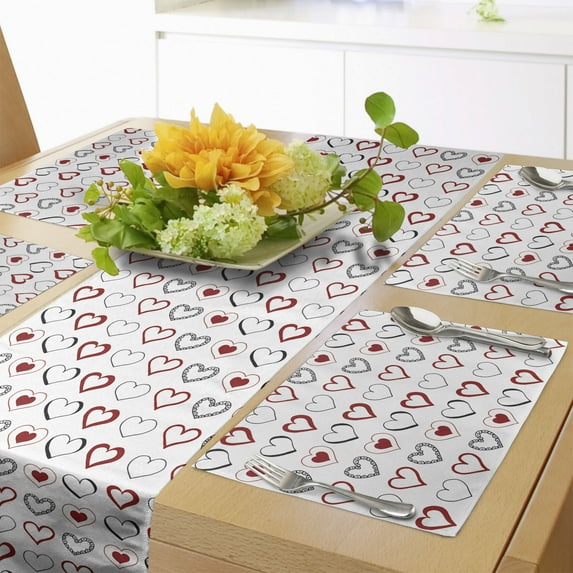 Ambesonne Love Table Runner & Placemats, Doodle Hipster Romance, Placemat 4 pcs + Runner 14"x90", Ruby Black White